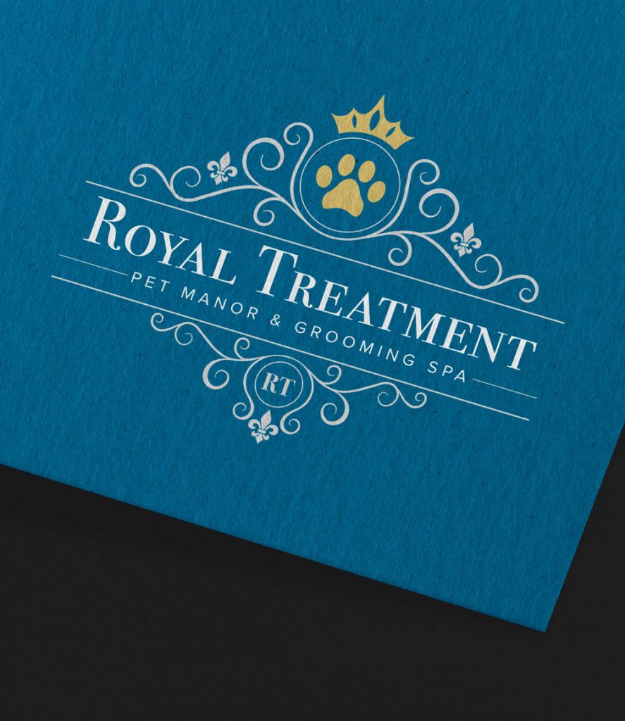 Royal Treatment Pet Manor and Grooming Spa custom logo design on a printed material.