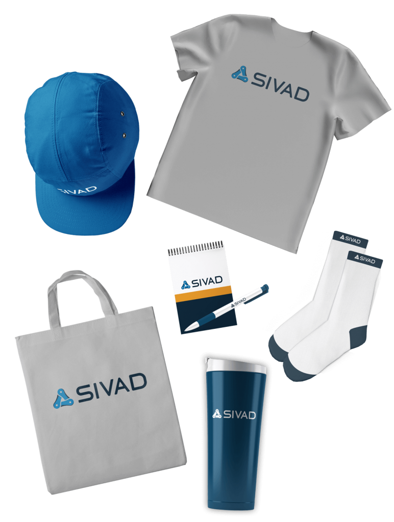 Shirt, hat, socks, tumbler, tote bag, and pen and notebook promotional products with Sivad logo.