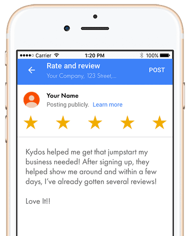 A Google review curated using Kydos, an online reputation management.