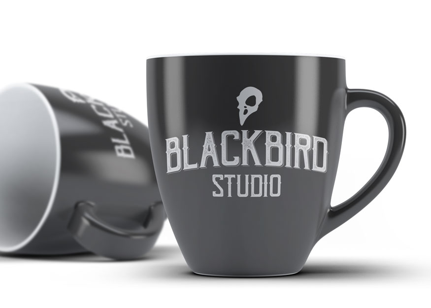 Mug promotional product with Blackbrid Studios logo.